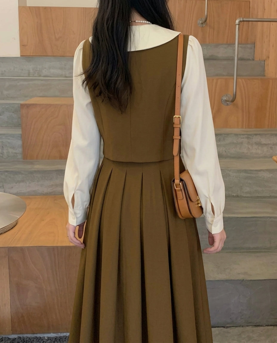 Olive Cream Pleated Midi Dress
