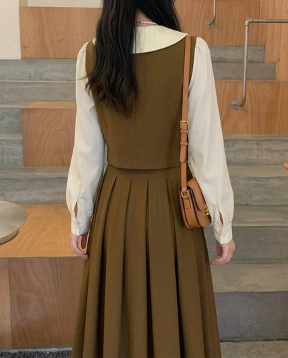 Olive Cream Pleated Midi Dress