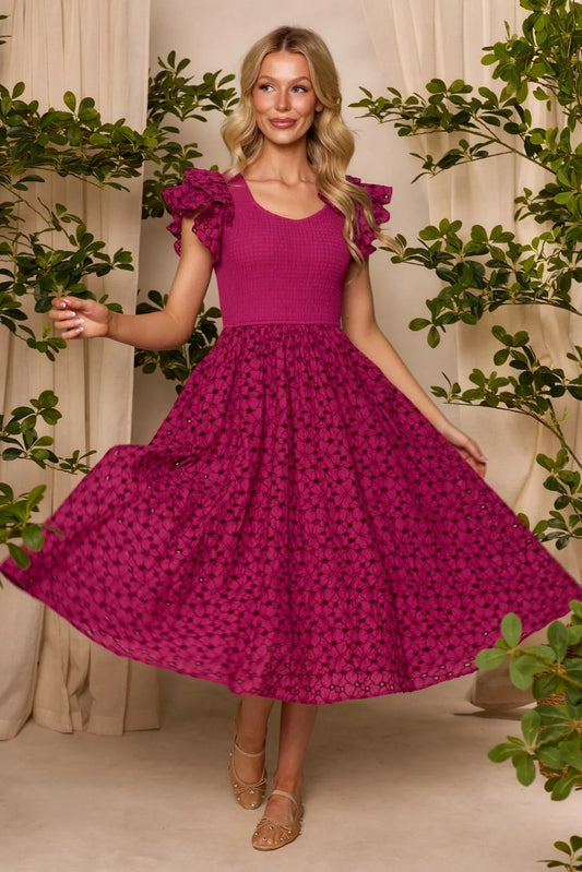 Magenta Flutter-Sleeve Dress