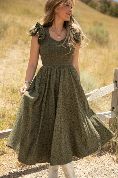 Olive Flutter-Sleeve Dress