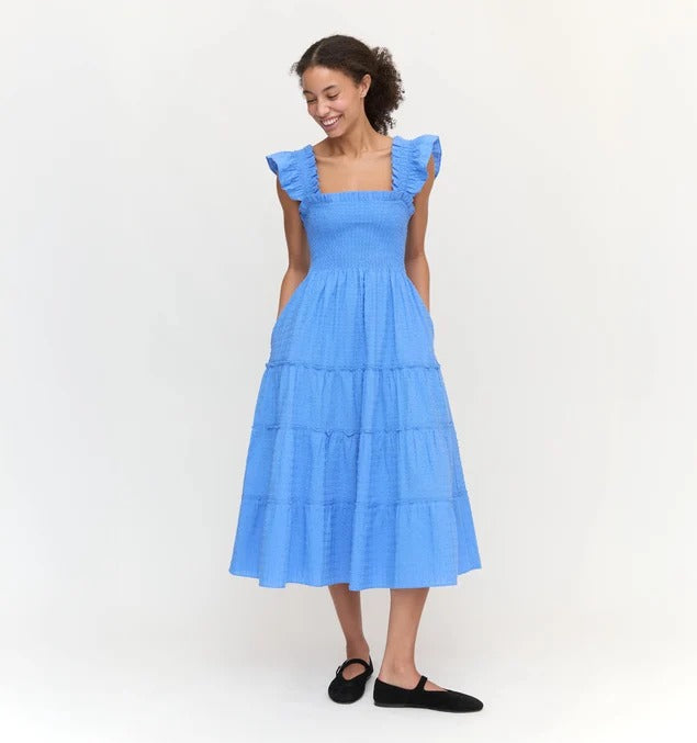 Blue Ruffled Shoulder Dress