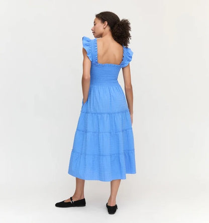 Blue Ruffled Shoulder Dress