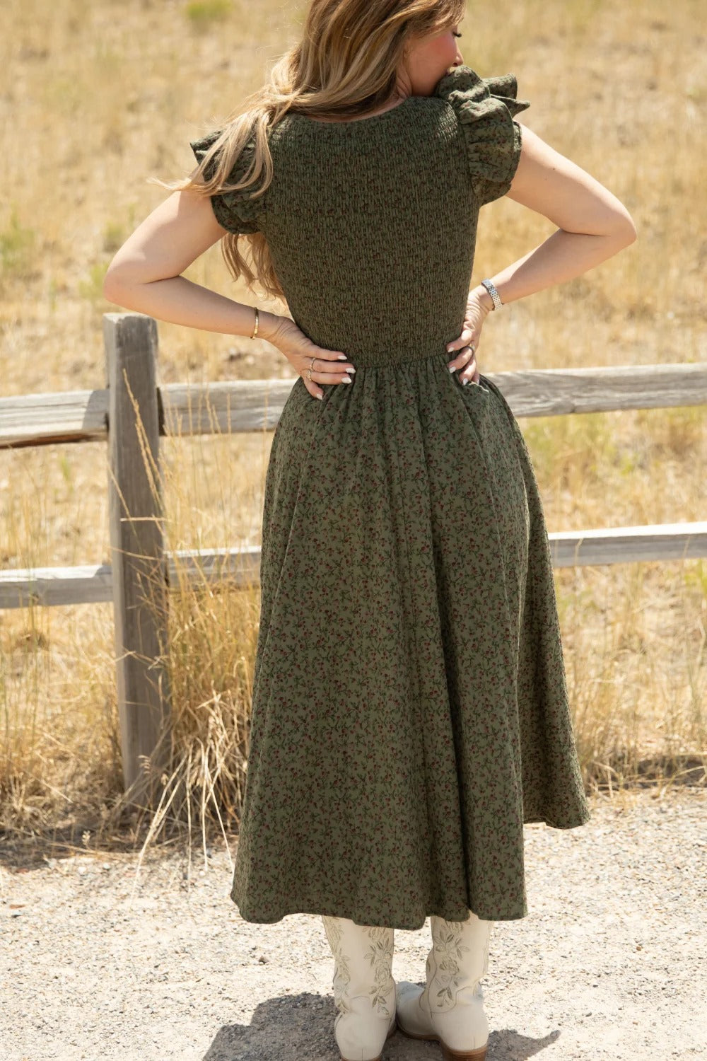 Olive Flutter-Sleeve Dress