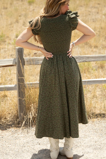 Olive Flutter-Sleeve Dress